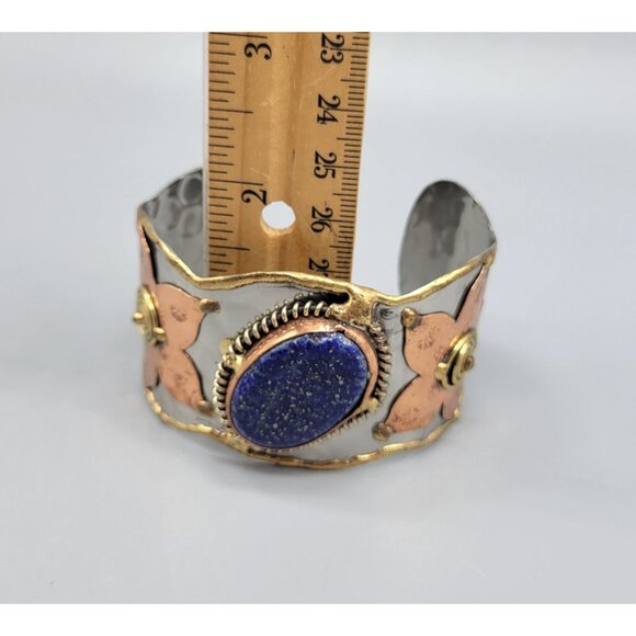 Mixed Metal Copper Flower Blue Lapiz Lazuli Cuff Bracelet B1A - Picture 4 of 9